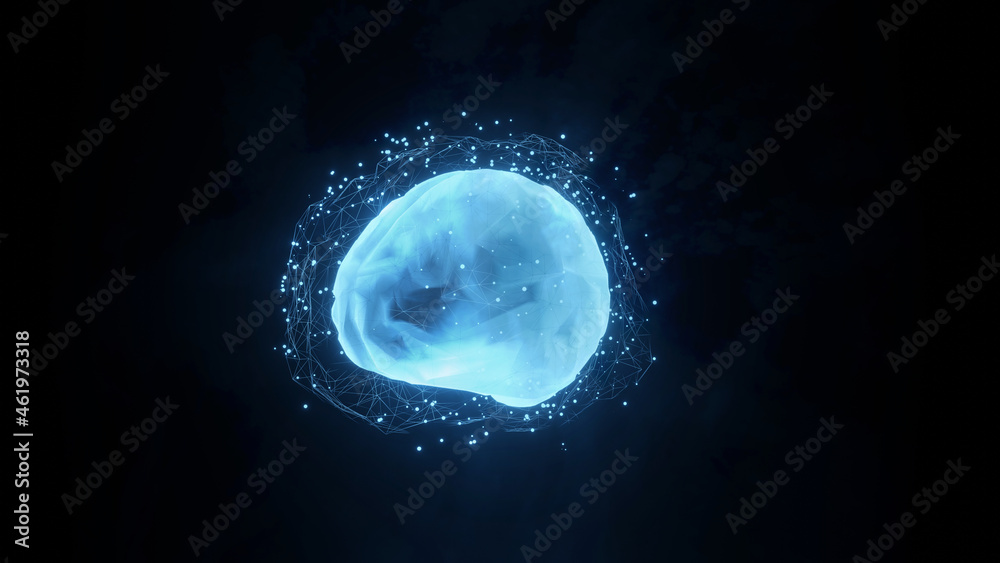 Fototapeta premium 3D Rendering of Artificial cybernetic circuit brain inside abstract computer circuit system. Concept of using high technology to create artificial intelligence (AI). Deep machine learning