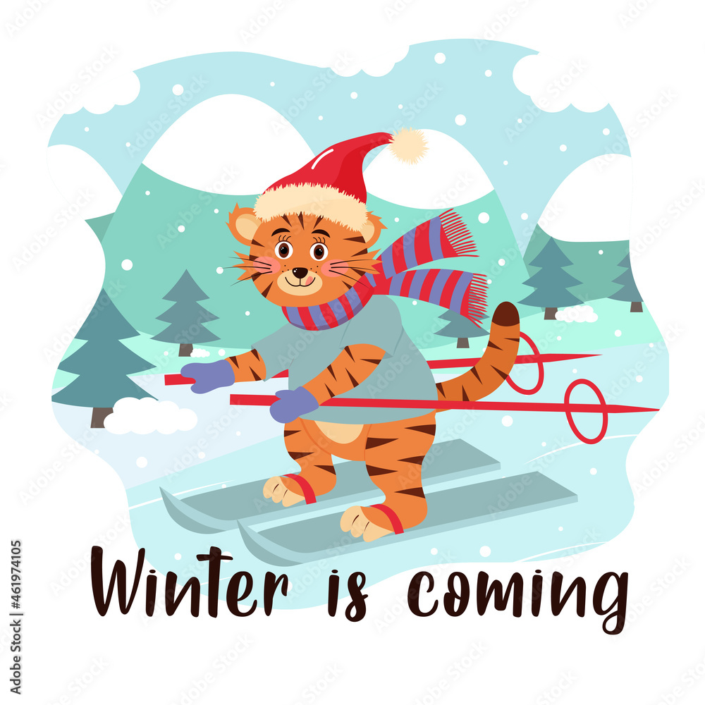 Naklejka premium Cute tiger in hat and scarf is skiing. Winter landscape. Winter is coming lettering. Christmas greeting card.