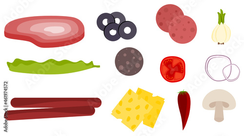 Vector cuisine set of icon of ingredients. There are icon of sausage, lettuce, ham, meat, olives, peperoni, cheese, onion, mushroom, chilly, tomatoes. garlic, etc. 