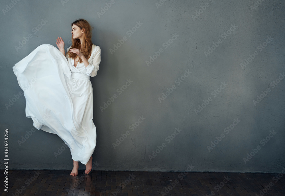 cheerful woman in white dress dance entertainment elegant style dark background cheerful woman in white dress dance entertainment elegant style dark background