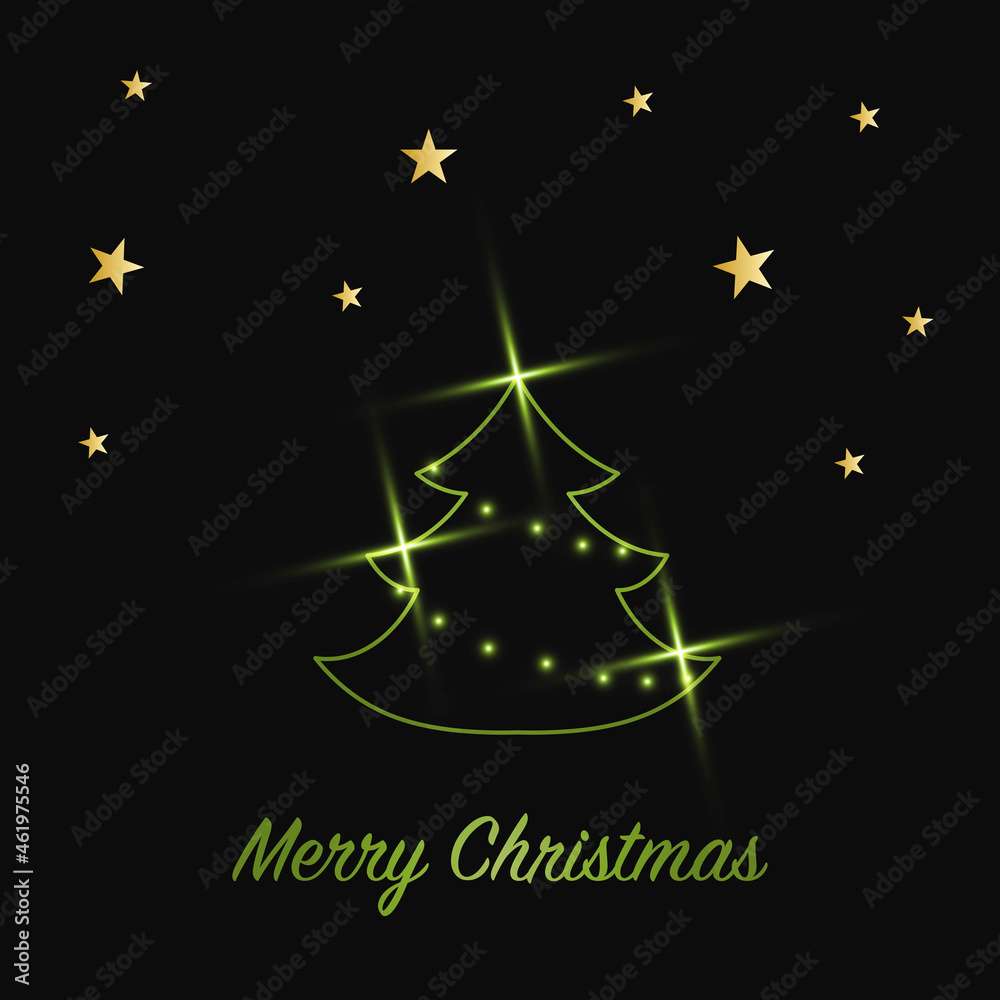 Sparkling Christmas Tree with shiny dust. Green Metallic outline icon on a dark background. Merry Christmas and Happy New Year 2022. Vector illustration. Sparkling Christmas Tree with shiny dust. Green Metallic outline icon on a dark background. Merry Christmas and Happy New Year 2022. Vector illustration.