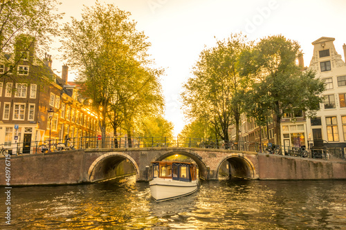 Boat on the Evening Canal in Amsterdam