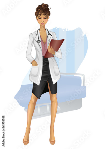 Women's profession: Doctor. Standing pose with working objects and white medical apron.