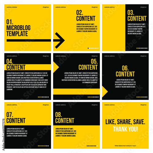 Microblog carousel slides template for instagram. Nine pages with yellow and black arrows theme. photo