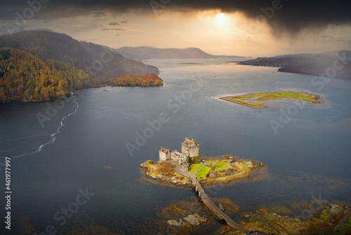 Eilean Donan castle aerial view from above at sunrise photo