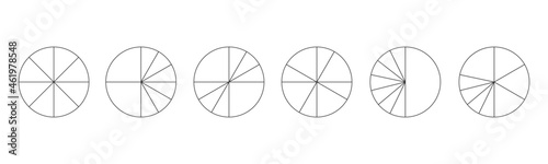 Graphic circles divided in 8 segments. Pie or pizza round shapes cut in different eight slices. Simple statistical infographic chart examples isolated on white background. Vector outline illustration.