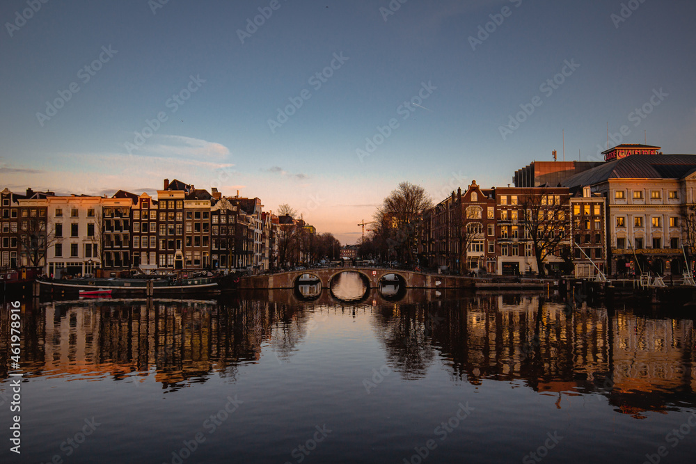 Amsterdam canal houses during sunset