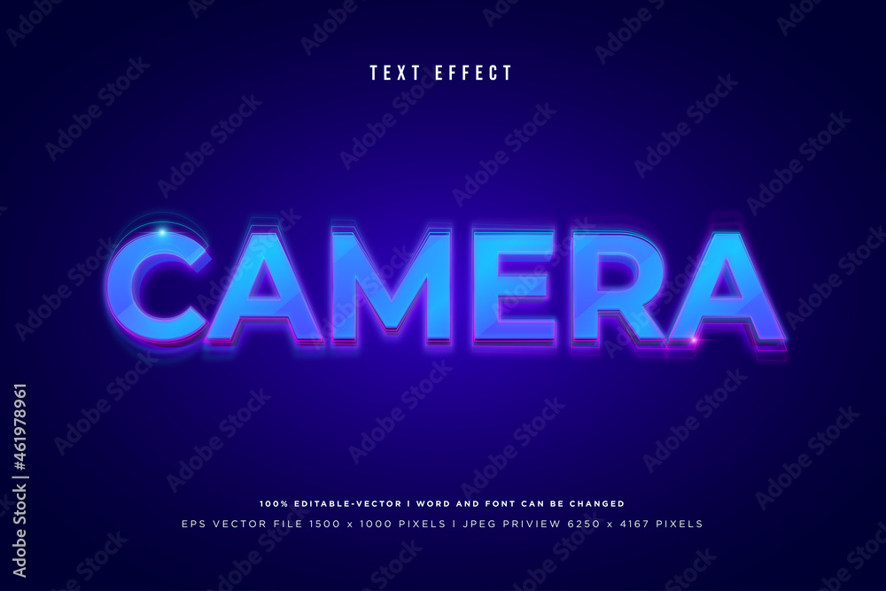 Camera 3d text effect on blue background