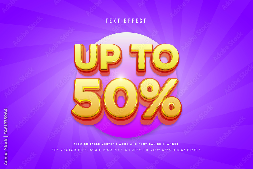 Up to 50% 3d text effect on purple background
