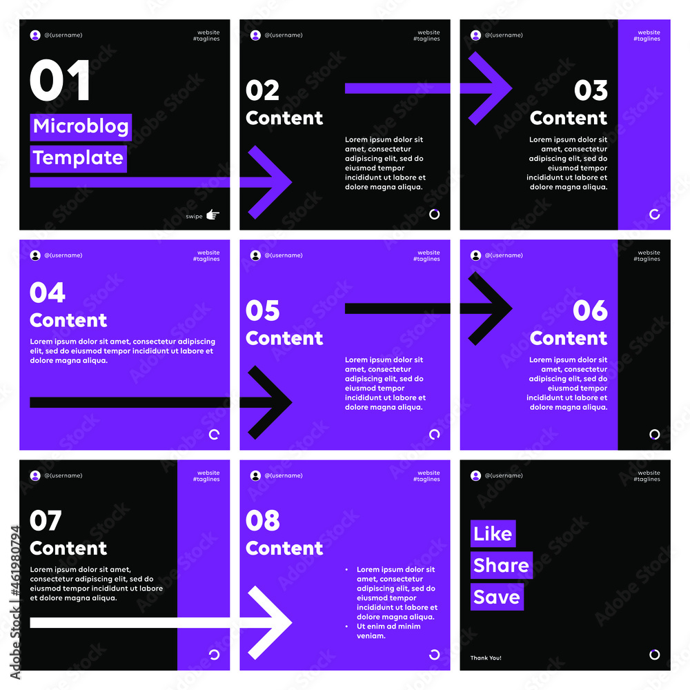 Microblog carousel slides template for instagram. Nine pages with black and purple arrows theme. - obrazy, fototapety, plakaty 