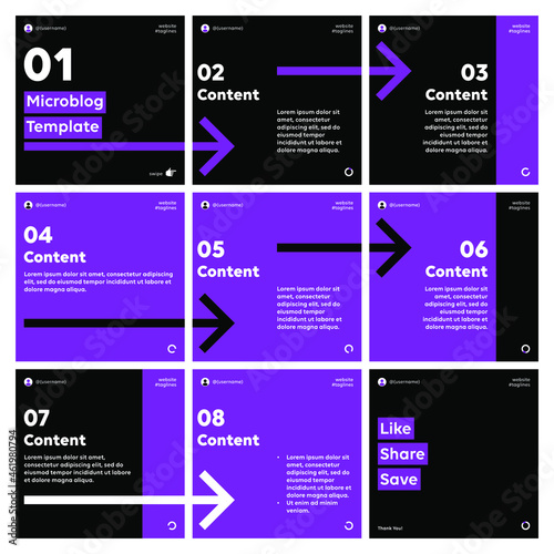 Microblog carousel slides template for instagram. Nine pages with black and purple arrows theme.