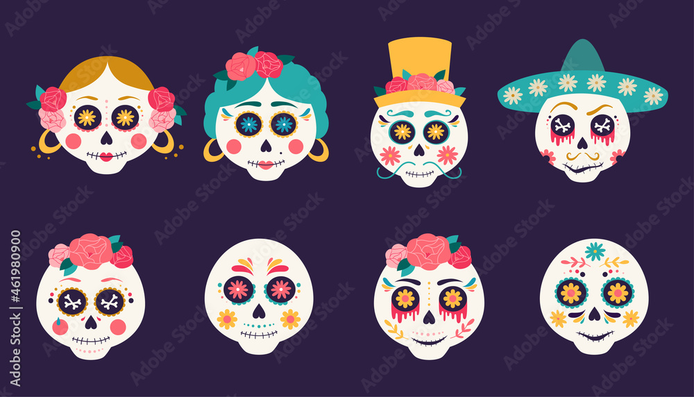 Set of Sugar skulls, Sugar Heads, Skull Faces, Cartoon Skeletons, Dead