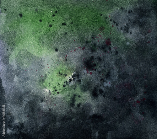 Black and green watercolor texture. Abstract watercolor background for design and creativity. Ominous dark wallpaper made in diffusion style.