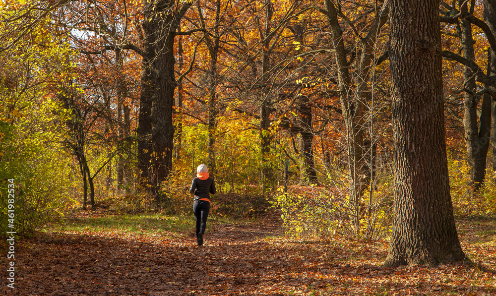 Young girl in sportswear runs through fallen leaves among large trees of autumn park in sunlight. Сoncept of healthy lifestyle and outdoor activities.