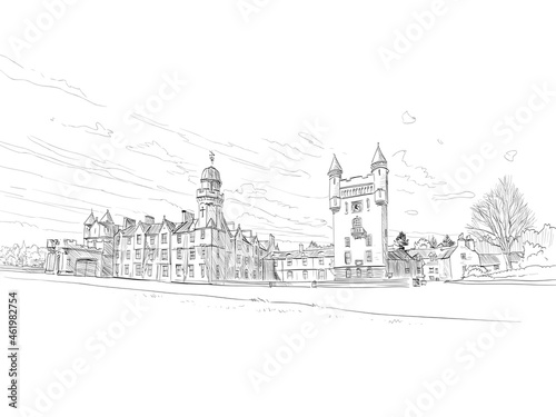 Balmoral Castle. Scotland. Hand drawn city sketch. Vector illustration.