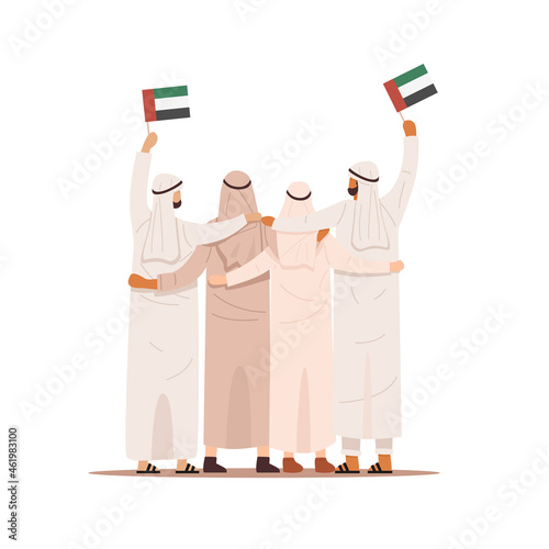 Back view of Arab people hugging together and holding Flag of United Arab Emirates, Vector