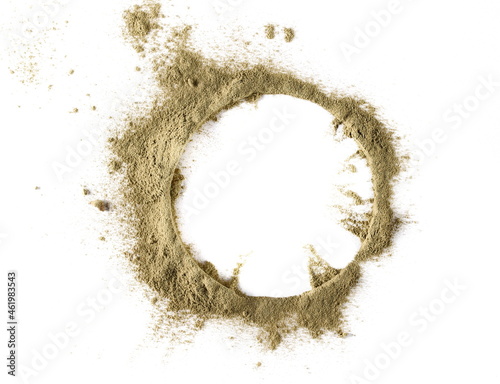 Organic hemp protein powder isolated on white, top view