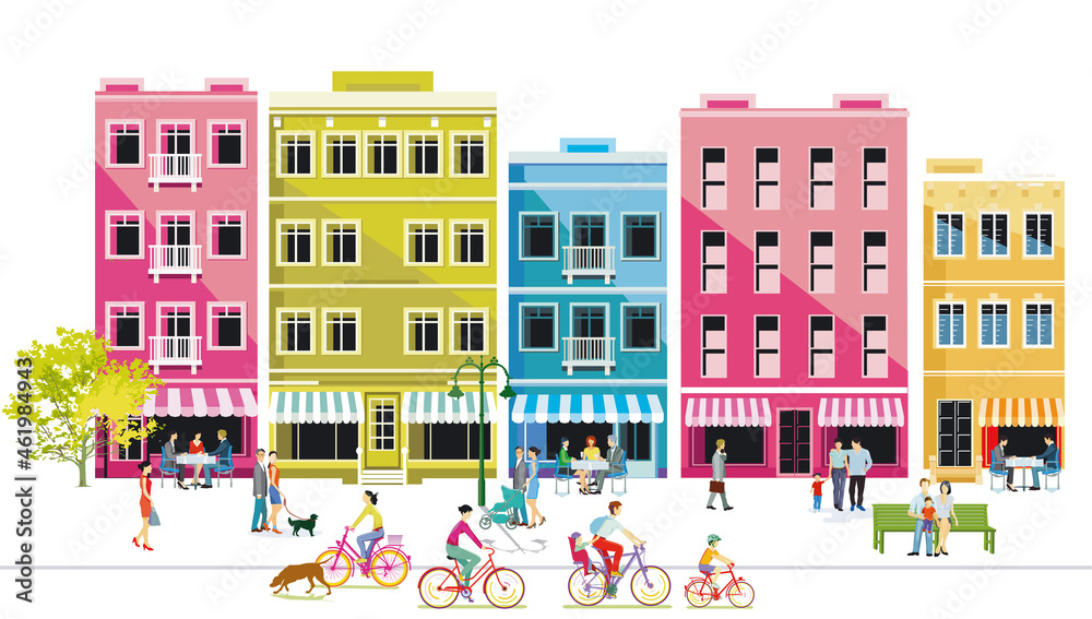 Stadt mit Fußgänger und Familien in der Freizeit, Autofreie Zone, Illustration