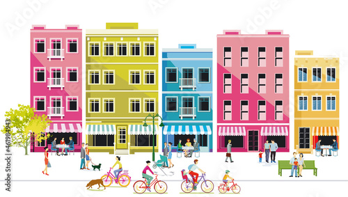 Stadt mit Fußgänger und Familien in der Freizeit, Autofreie Zone, Illustration