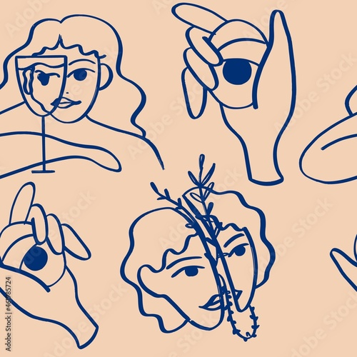 Drawing abstract face, girl, hand. Seamless patterns. Modern minimalist art, aesthetic outline. Vector group of people. Hand-drawn, pencil.