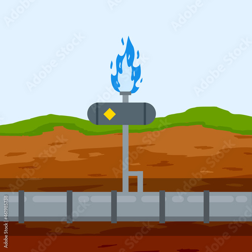 Gas pipeline and equipment. Gasmain with blue fire. Industrial transportation of gas in pipe underground. Cross-sectional view. Flat infographics photo