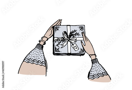 Female hands pack gift box icon in boho style. Line hand drawing for birthday, Christmas party. Vector illustration in pastel colors isolated on white background.