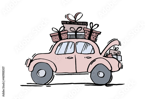 Car with gifts on the roof, vintage design for sale, boho icon for birthday and christmas. Vector line drawing isolated on white background.