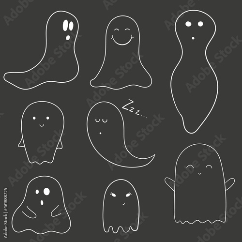 Set of ten ghost outline with various characters isolated on a black background, cartoon Halloween vector illustration