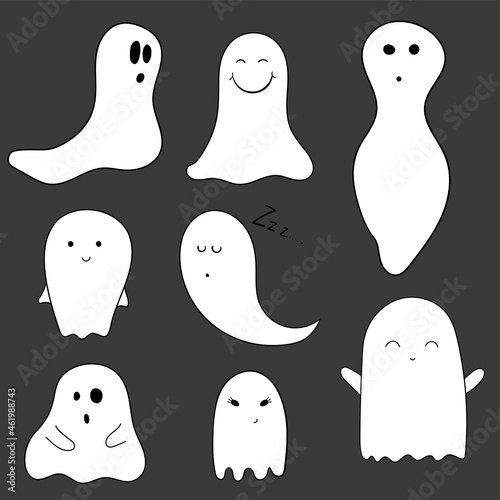 Set of ten ghost outline with various characters isolated on a black background, cartoon Halloween vector illustration