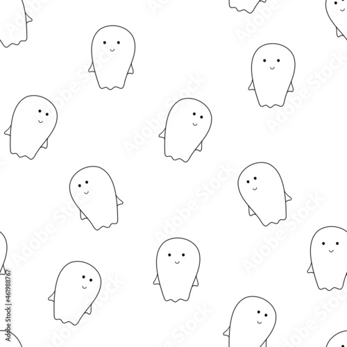 Seamless pattern of ten ghost outline on a white background, cartoon Halloween vector illustration