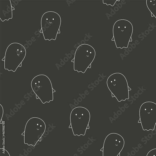 Seamless pattern of ten ghost outline on a black background, cartoon Halloween vector illustration