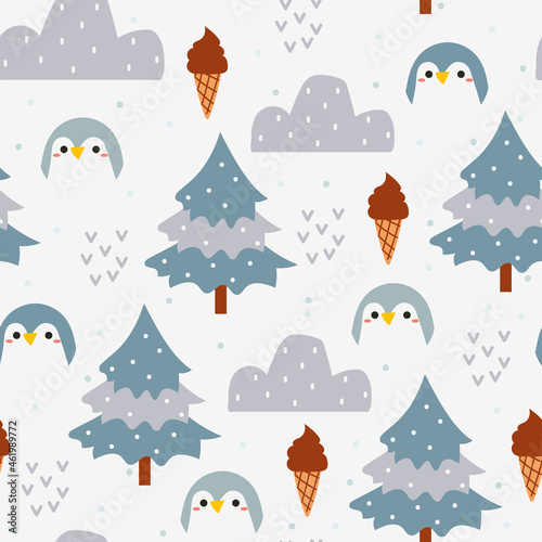 Seamless pattern with cute cartoon penguin and winter for fabric print, textile, gift wrapping paper. colorful vector for textile, flat style