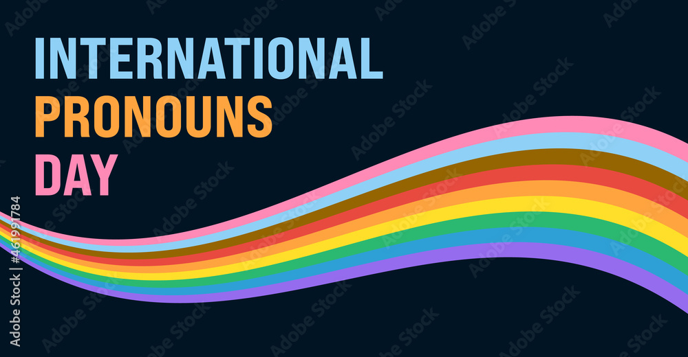 International Pronouns Day Banner. Vector Banner Design Template for International Pronouns Day with Text and Pride Flag Wave Illustration on Dark Background.  - obrazy, fototapety, plakaty 