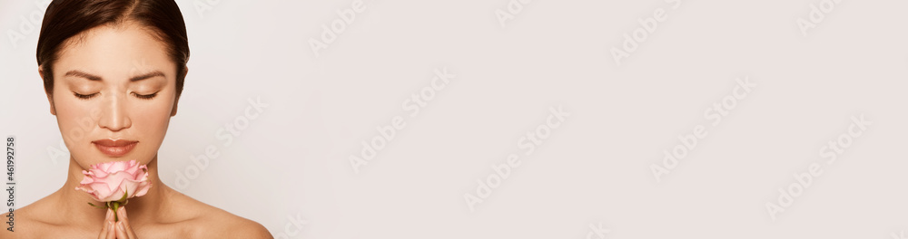 Beautiful Asian Woman Holding Rose Health Beauty Spa Panorama Web Banner