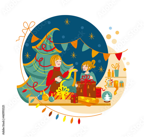 Two girlfriends are packing gifts and getting ready for christmas. Christmas decoration. Christmas spirit.  Vector.