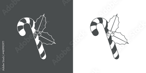 Logotipo candy cane de navidad. Icono plano silueta de baston de caramelo con ramita de acebo en fondo gris y fondo blanco