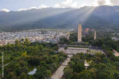 Aerial view of Three Pagodas and Cangshan mountain, in Dali - Yunnan