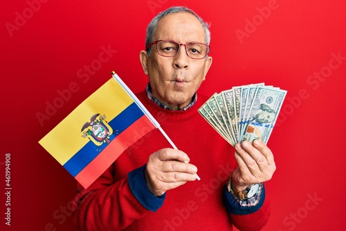 Handsome senior man with grey hair holding ecuador flag and dollars making fish face with mouth and squinting eyes, crazy and comical.