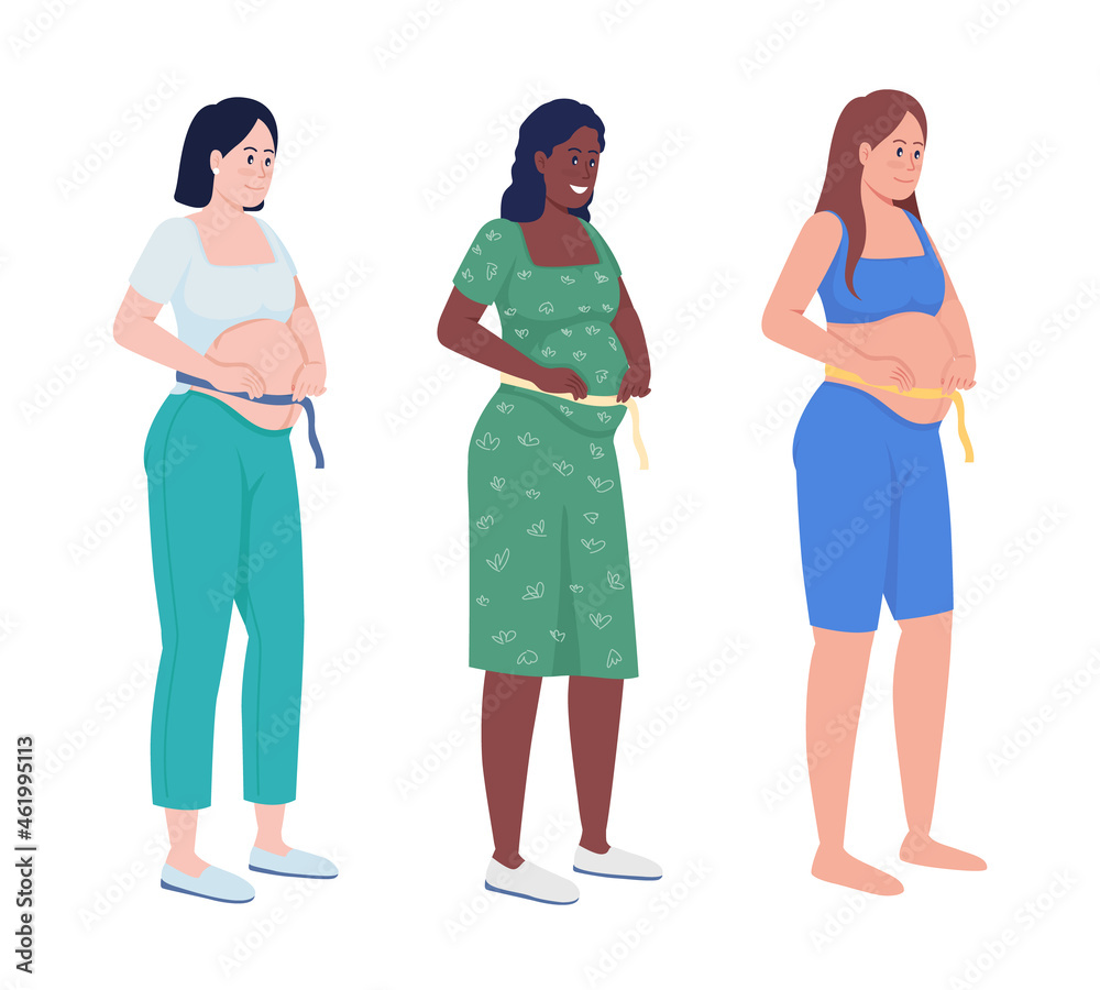 Expecting mom semi flat color vector character set. Standing figures. Full body people on white. Family members isolated modern cartoon style illustration for graphic design and animation pack