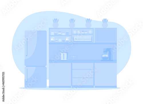 Blue corporate kitchen 2D vector isolated illustration. Cupboards with appliance and refrigerator. Office eating area flat interior on cartoon background. Dining room colourful scene