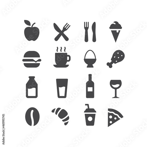 Basic food black vector icon set. Apple, egg, milk bottle symbols.