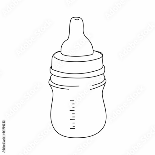 Drawing, engraving, ink, line art, linear, vector illustration baby feeding bottle icon sketch in silhouette on a white background.