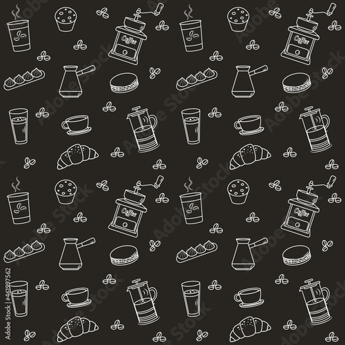 Seamless coffee and cake pattern. Line art vector illustration