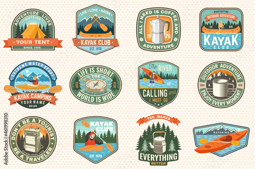 Set of summer camp, canoe and kayak club badges. Vector. Concept for patch. Retro design with camping, mountain, river, american indian and kayaker silhouette. Extreme water sport kayak patches