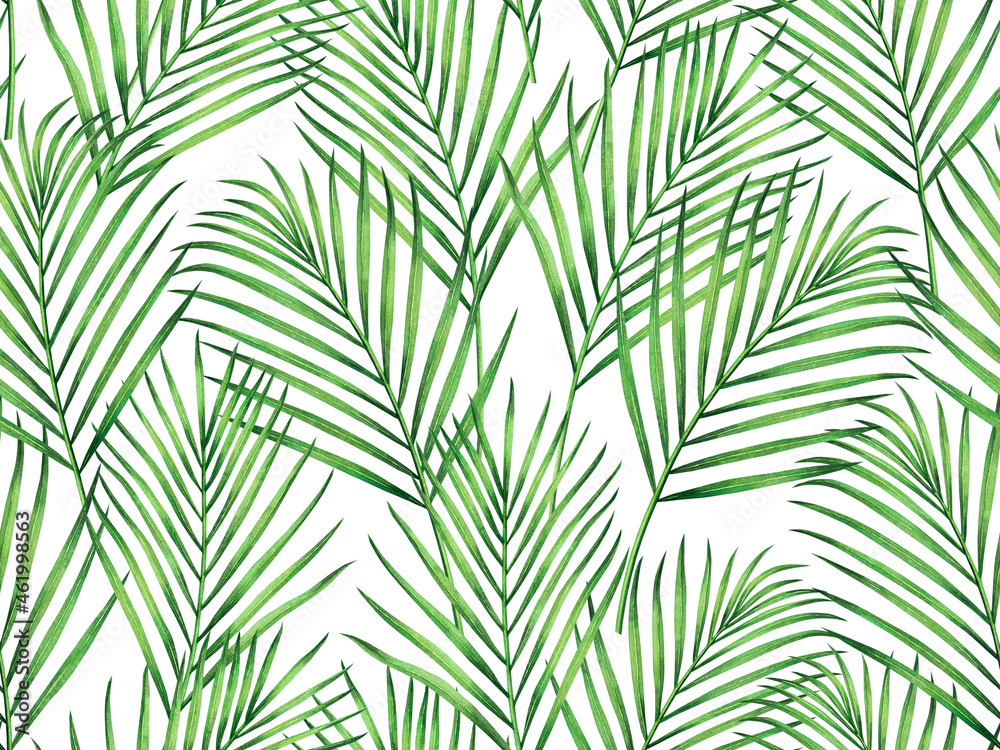 Watercolor painting coconut,palm leaves seamless pattern on white background.Watercolor hand drawn illustration tropical exotic leaf prints for wallpaper,textile Hawaii aloha jungle pattern.