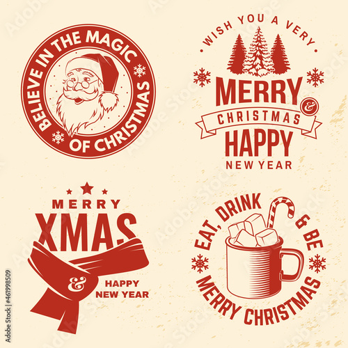 Set of Merry Christmas and Happy New Year stamp, sticker with silhouette of Santa Claus face, winter scarf, forest landscape, mug of hot chocolate. Vector. Vintage design for xmas, new year emblem.
