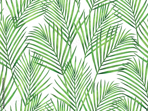 Watercolor painting coconut,palm leaves seamless pattern on white background.Watercolor hand drawn illustration tropical exotic leaf prints for wallpaper,textile Hawaii aloha jungle pattern.