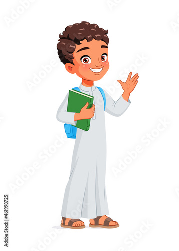 Arab school boy greeting. Cartoon vector illustration.