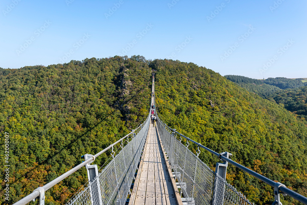 Suspension wooden bridge with steel ropes over a dense forest in West Germany.