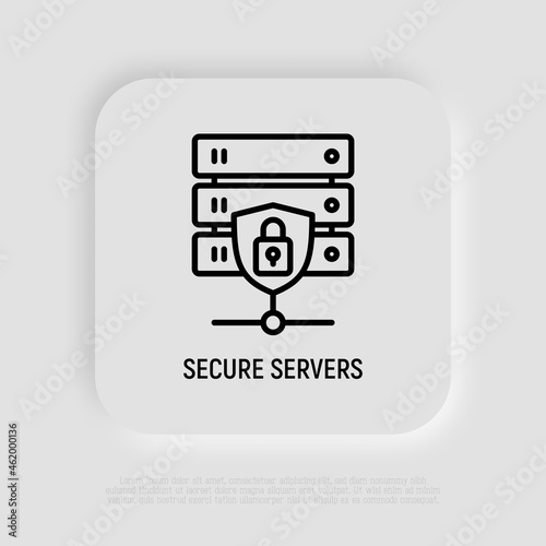 Secure servers thin line icon: database with shield. Modern vector illustration.